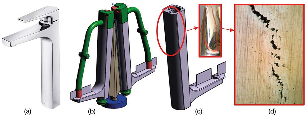 Figure 1: “Lift” one-handle faucet (a), MAGMASOFT® model (b) and occuring casting defect (c) as well as location of heat tear (d) 