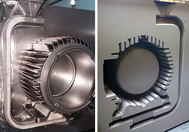 Fig. 5: Mounted gating (left), resulting mold (right) 