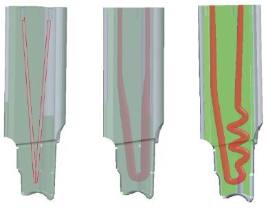 Different designs of cooling channels: CNC machined (left), 3-D printed (right) 